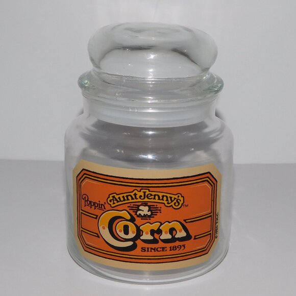 VTG 1980 T.K.C. Aunt Jenny's Poppin Corn 6" Glass popcorn  Storage Jar Canister - Picture 1 of 5